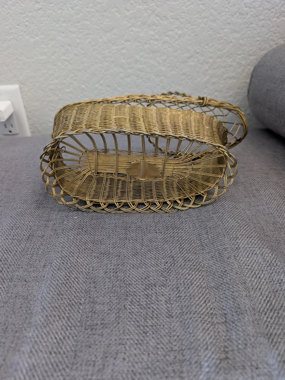 Vintage French Wine Basket Metal Bottle Holder, Single Bottle Stand, Woven